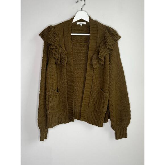 Madewell Ruffle Trim Long Sleeve Knit Cardigan Sweater Golden Spinach Womens M - Picture 2 of 9